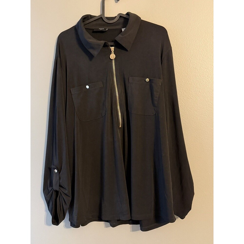 Tahari Blouse Women's 1X Black Gold Zipper Logo Pockets Career Shirt NEW NWT